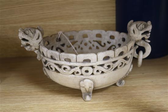 Two Chinese hardstone teapots and a dragon handled dish bowl diameter 25cm